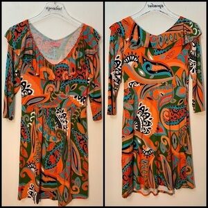 Joyous & Free Boho Paisley Rayon Orange V Neck Casual Dress